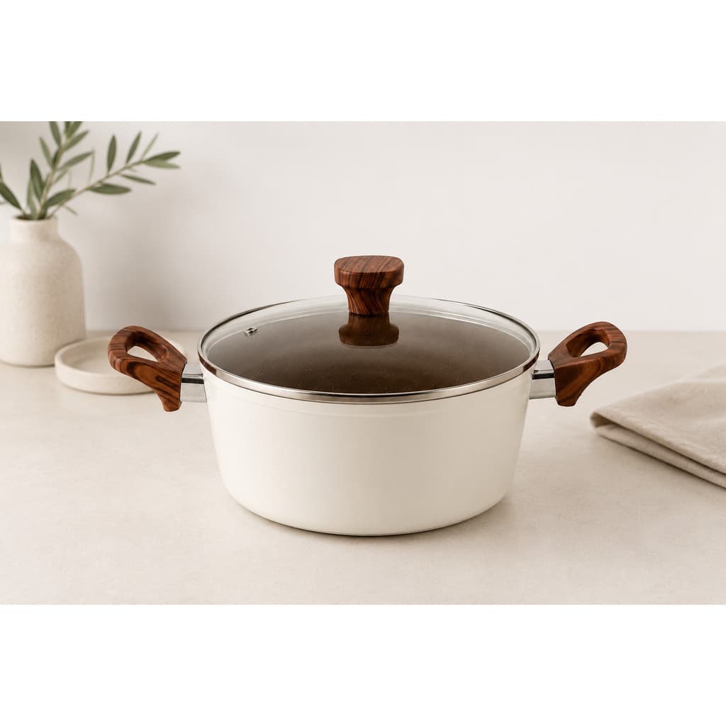 Panela Caçarola 24 Cm Antiaderente Com Revestimento Cerâmico Indução C/ Tampa de Vidro 3,9 litros