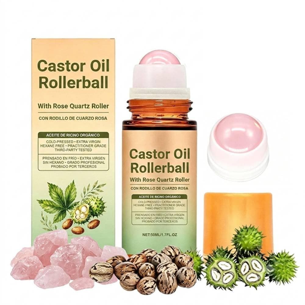 1 unidade de óleo de rícino com rolo de quartzo rosa - Óleo hidratante 100% prensado a frio com esfera de quartzo rosa p