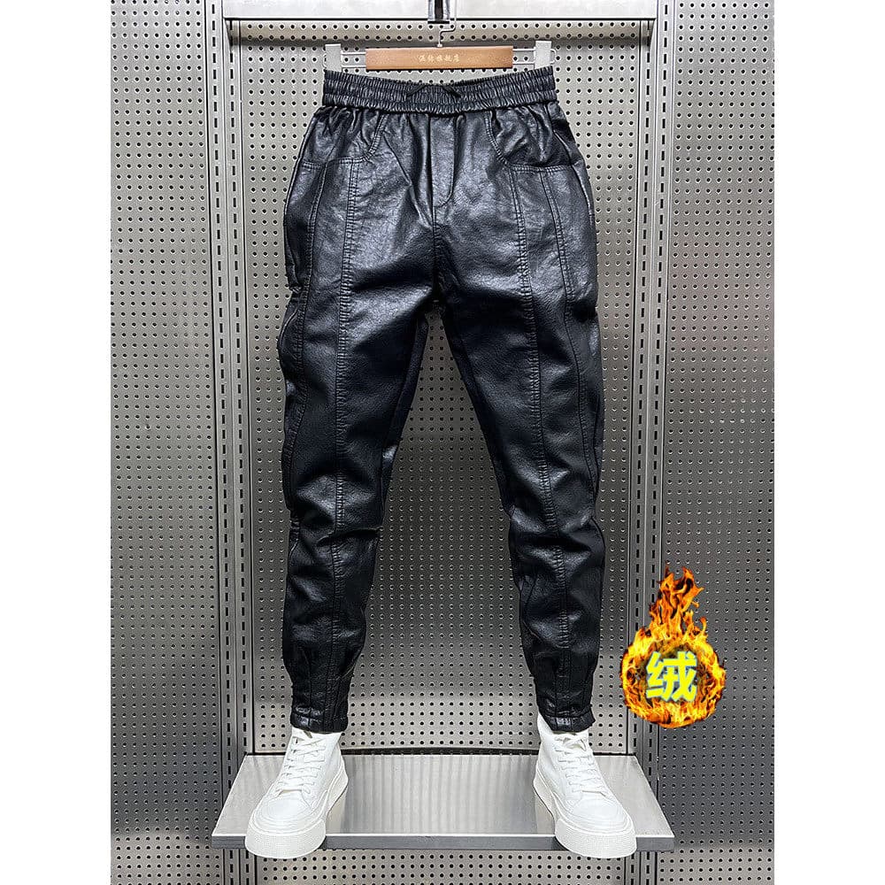 Calças de couro masculinas forro de lã engrossado outono inverno pés pequenos calças esportivas piloto Takeaway motocicl