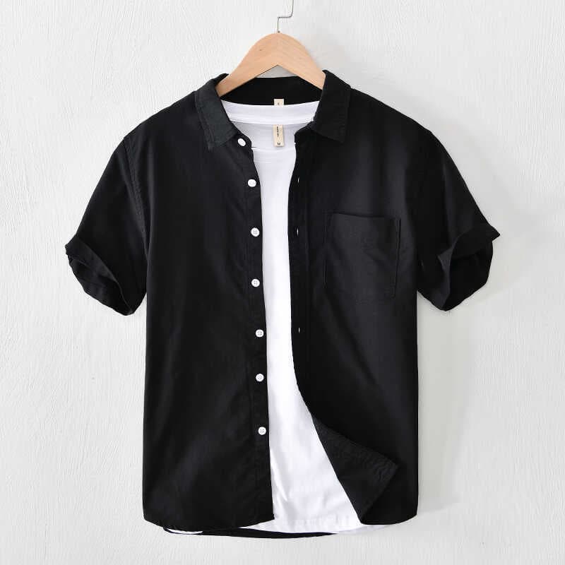 Verão Oxford girando camisa de manga curta masculina versão coreana Casual juventude cor sólida solta gola pequena preto