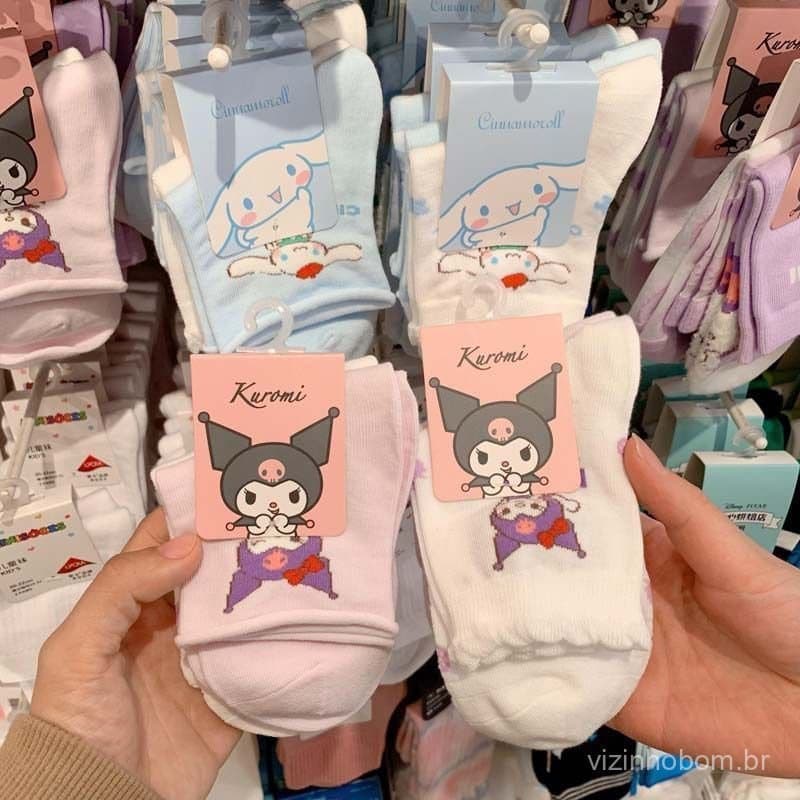 Meias Femininas Sanrio Cinnamoroll Versão Coreana, Meias Fofas de Desenho Animado Japonês, Meias de Cano Médio Versáteis