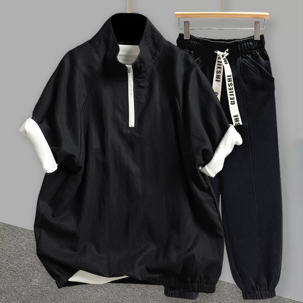 Americano na moda estilo Casual meio zíper camiseta de manga curta terno masculino solto All-Match confortável pulôver