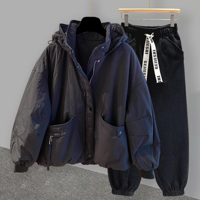 Street Wear com capuz falso de duas peças gola alta acolchoado jaqueta terno casal inverno grosso acolchoado jaqueta pão