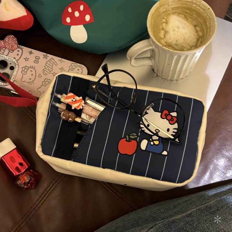 Estojo de lápis de grande capacidade Hello Kitty, bolsa de maquiagem com compartimentos e alça, adequada para meninas na