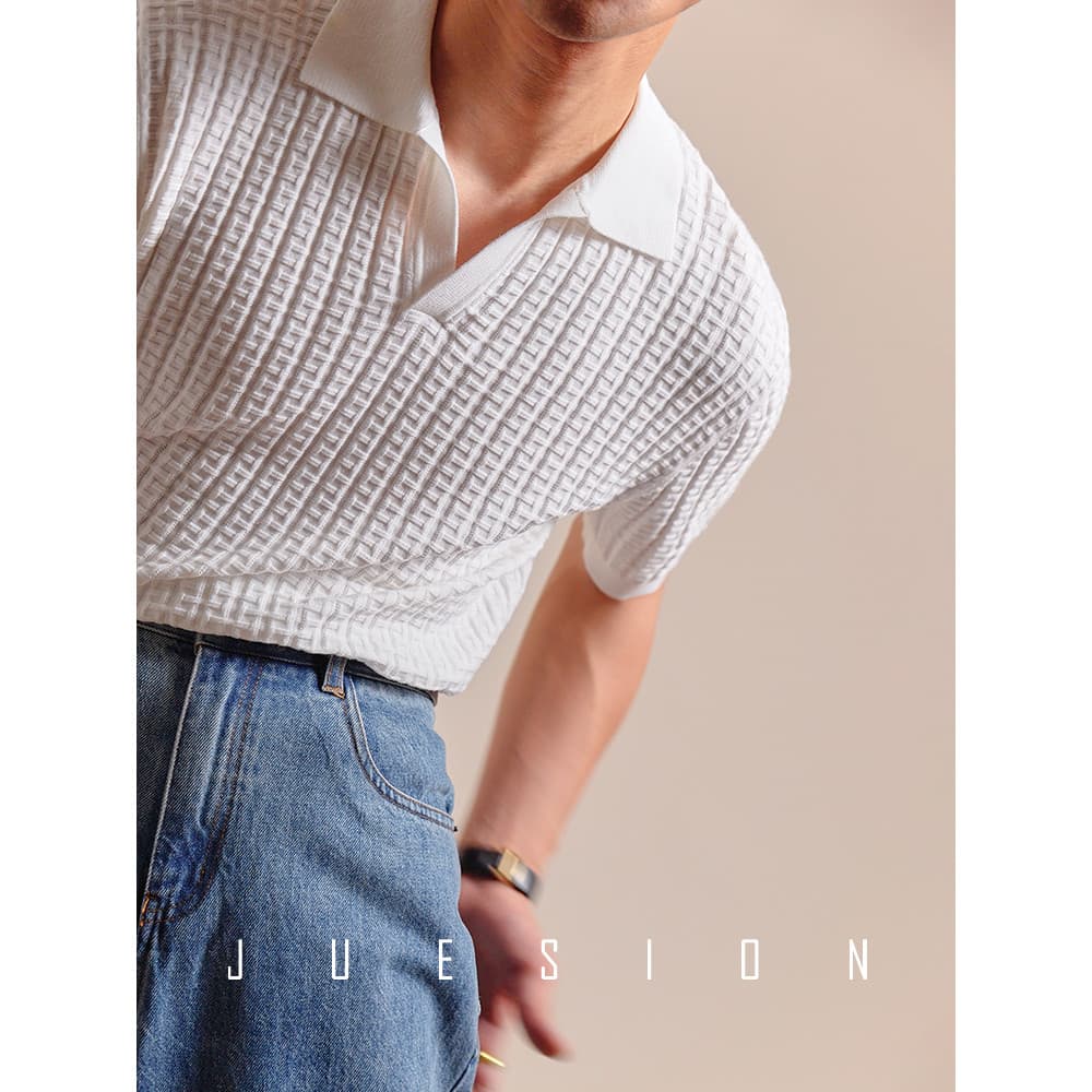 [Algodão Tencel leve e fino de 16 agulhas] JUSION Jacquard com decote em v camisa polo de malha masculina Casual verão c