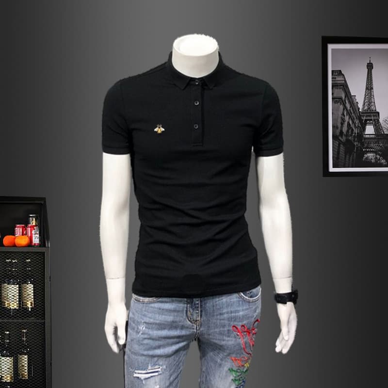 Street Wear pequena abelha bordada camiseta de manga curta masculina verão na moda magro-ajuste camisa polo masculina Ca