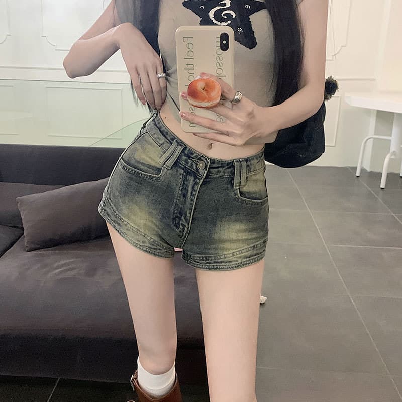 Elástico de cintura alta magro-ajuste Denim Shorts feminino verão exterior Wear angustiado Retro Bottoming magro perna r
