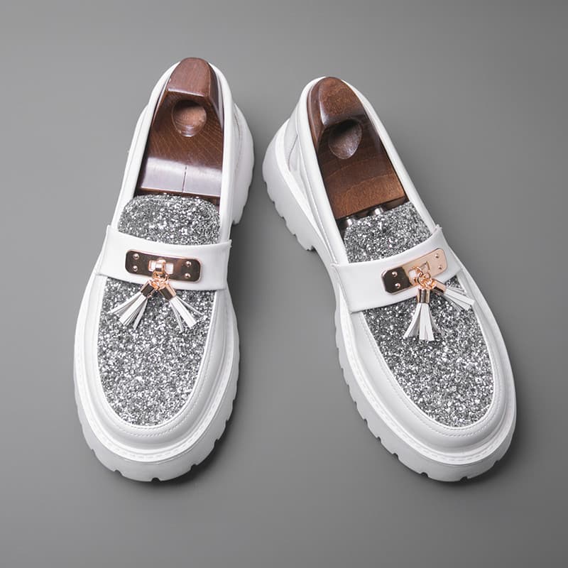 Mocassins masculinos com borla de lantejoulas, sola grossa, sapatos casuais preguiçosos de couro, sapatos masculinos bra