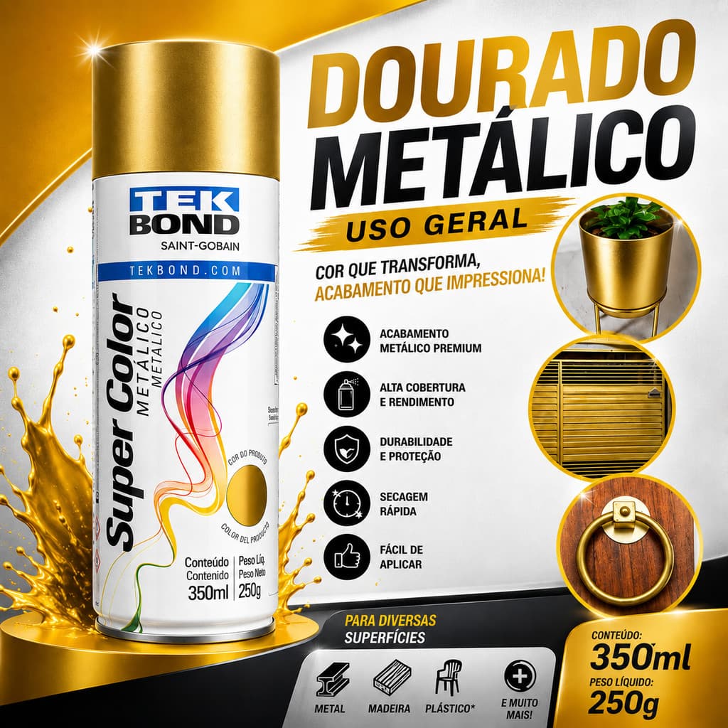 Tinta Spray Dourada SuperColor Metálico 350ml Tekbond Aerossol Secagem Rápida Gesso Cerâmica Aerosol