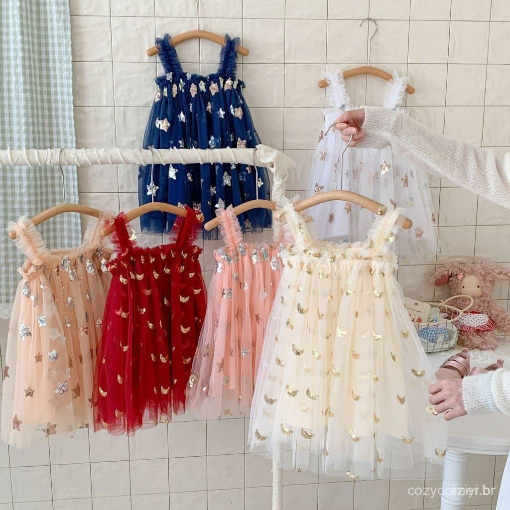 Vestido de Verão com Suspensório para Meninas, Saia de Gaze Bordada com Estrelas
