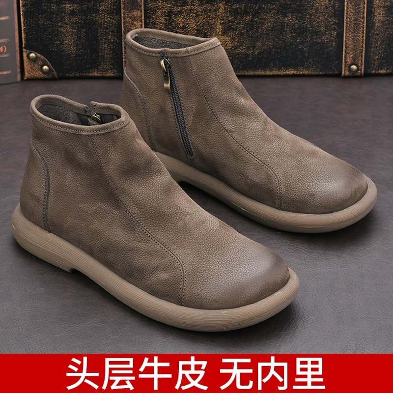 Couro genuíno masculino Toe camada de couro fosco couro macio Martin botas masculinas Chelsea Retro britânico zíper bota
