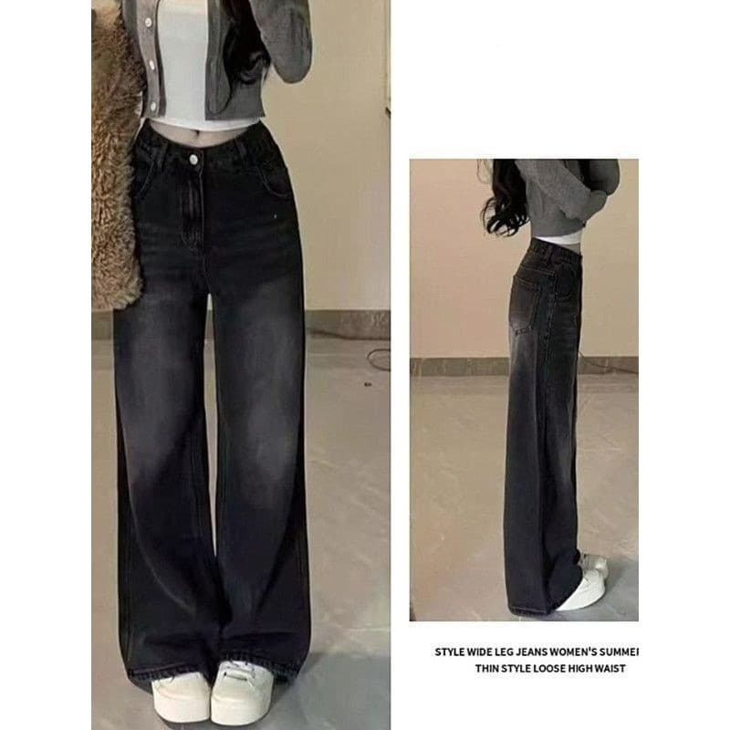 Pequeno Retro cintura alta Drape cinza perna larga Jeans novo estilo mais magro olhar solto em linha reta-Le