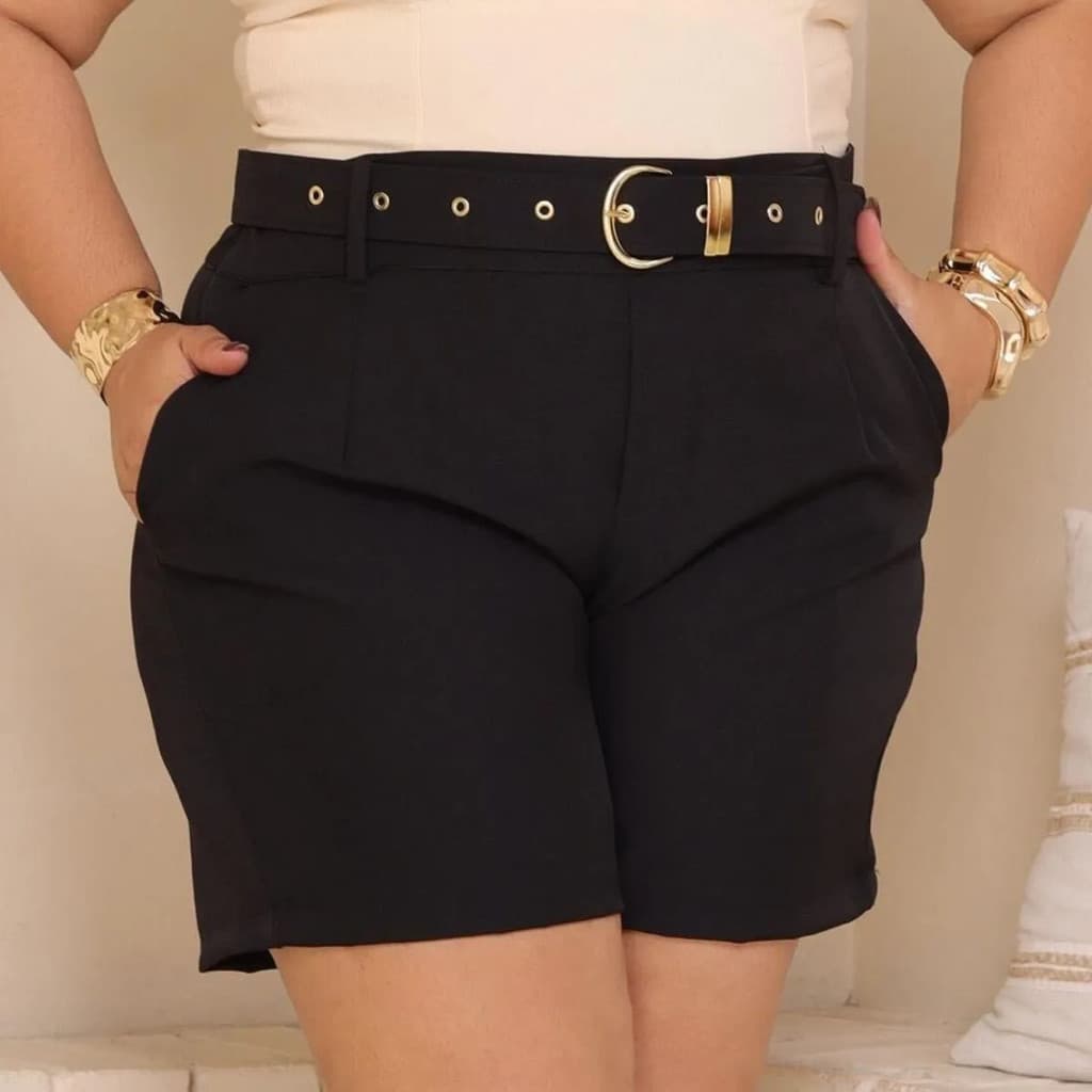 Short Feminino Plus Size Alfaiataria Casual Social Cintura Alta Bolso E Cinto Elegante Preto