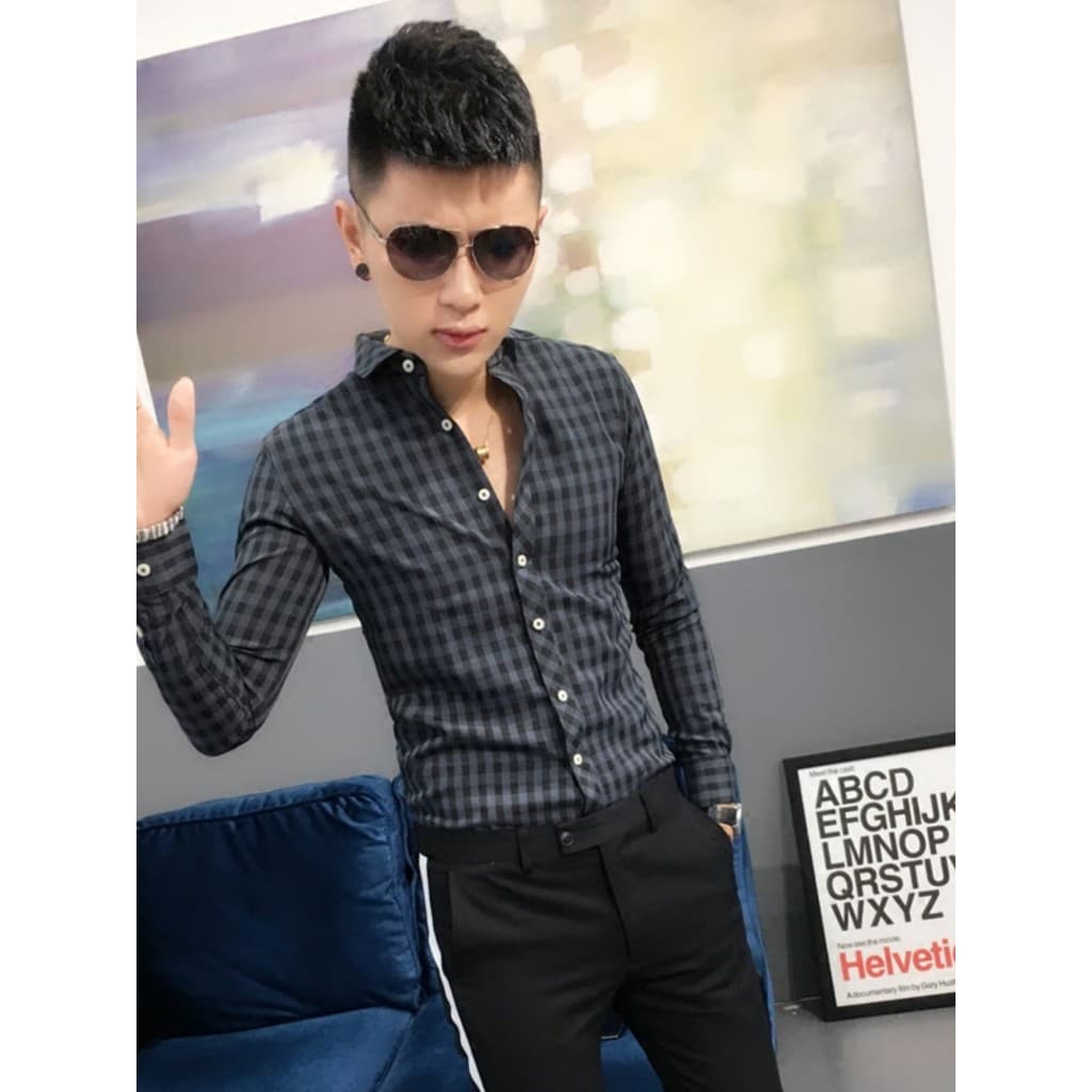 Versão coreana juventude camisa xadrez masculina de manga comprida Casual fino ajuste rufião bonito topo High-End luz es