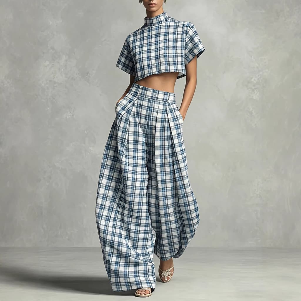 Novo conjunto de roupas femininas com estampa xadrez azul e branca, composto por top curto de gola alta e calças de cint