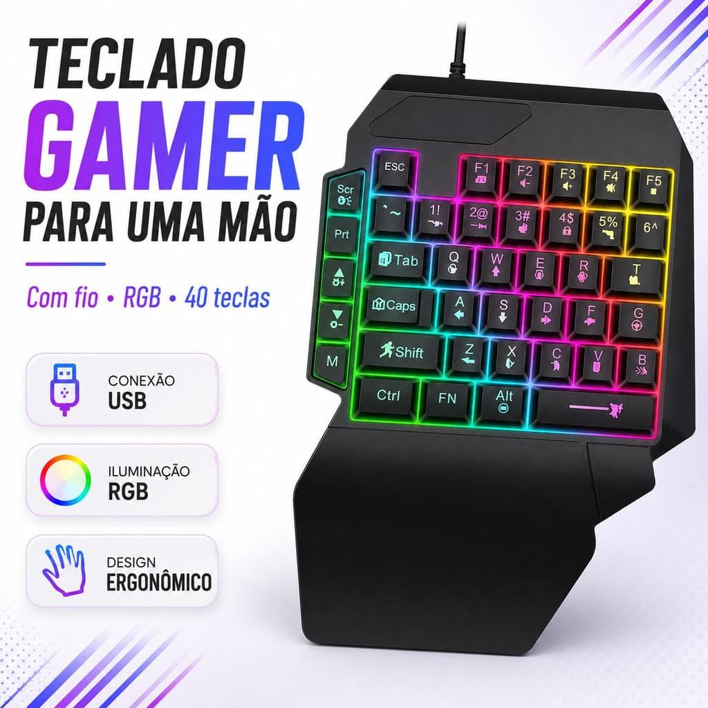 Teclado Gamer Uma Mão com Fio USB RGB 40 Teclas Ergonômico para PC Notebook PS4 Xbox