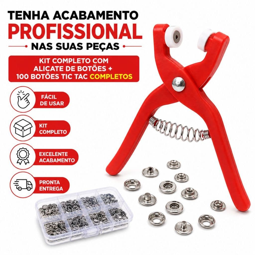 Kit Alicate Aplicador De Botões De Pressão Tic Tac Plástico + 100 Botões + Caixa Organizadora