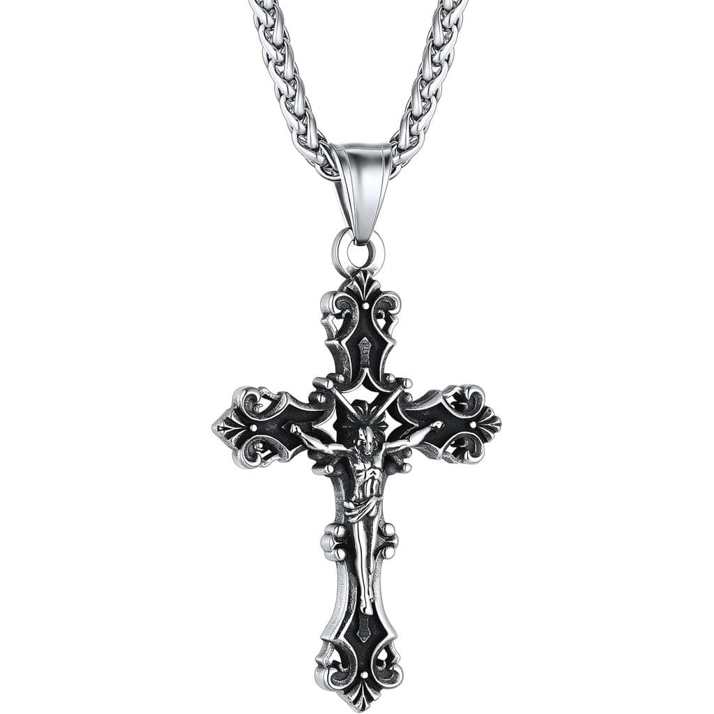 Colar com Cruz ChainsHouse para Homens, Preto/Banhado a Ouro 18K/Aço Inoxidável, Joia Cristã com Pingente de Cruz para H