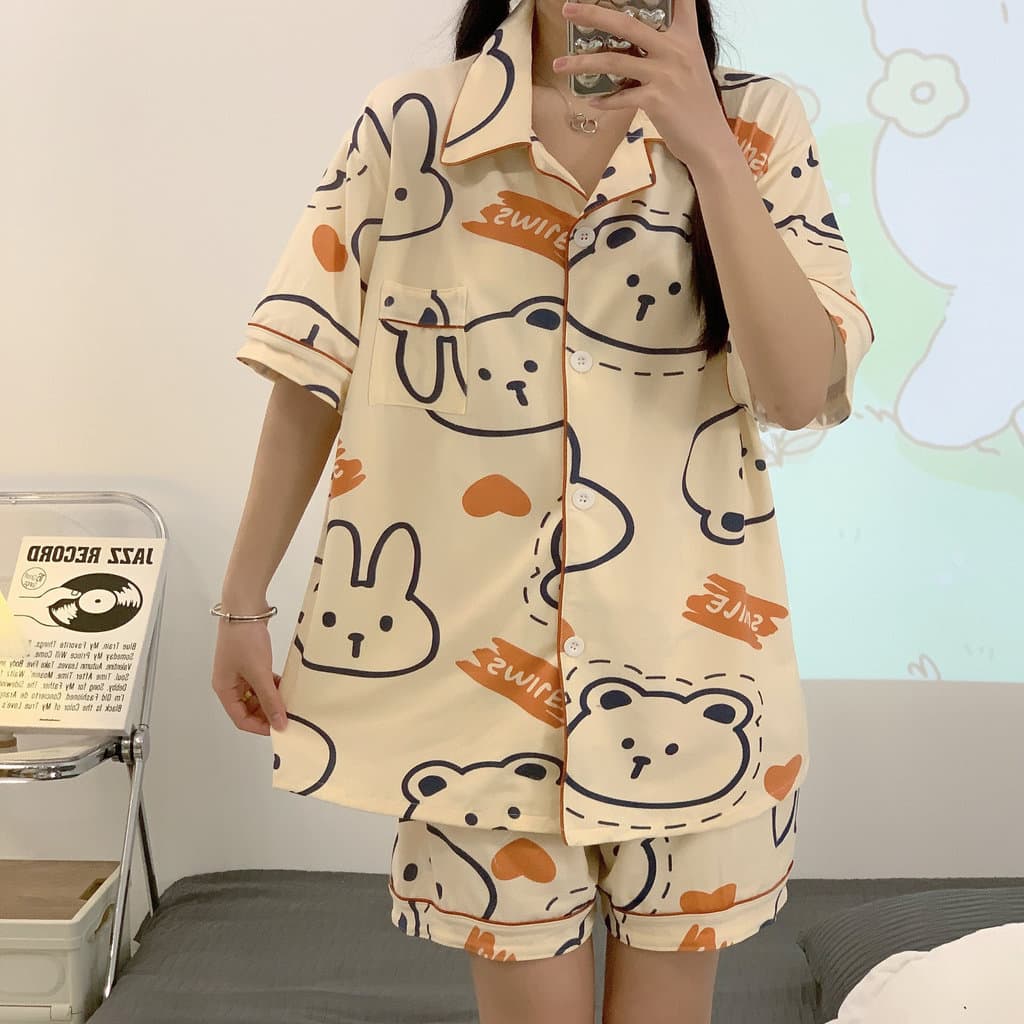 Pijamas coreanos femininos urso doce fino Casual pode usar cardigã externo terno de duas peças