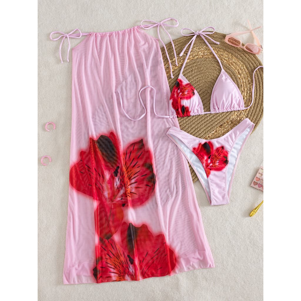 Biquíni estampado praia feminino boêmio maiô de três peças estilingue com cadarço20260713