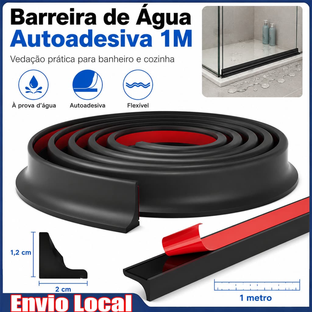 Barreira de Água para Box Banheiro 1m Preta Autoadesiva Perfil L TPE Flexível para Cozinha, Pia e Piso