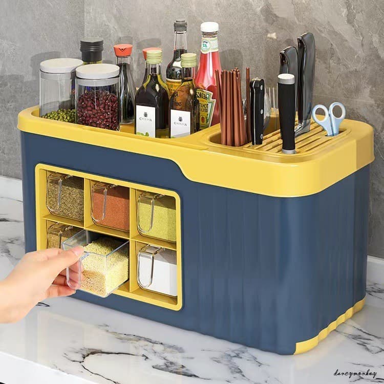 Garrafa De Tempero De Saleiro De Plástico Multifuncional Com Rack De Facas-Conjunto De Caixa De Armazenamento De Cozinha