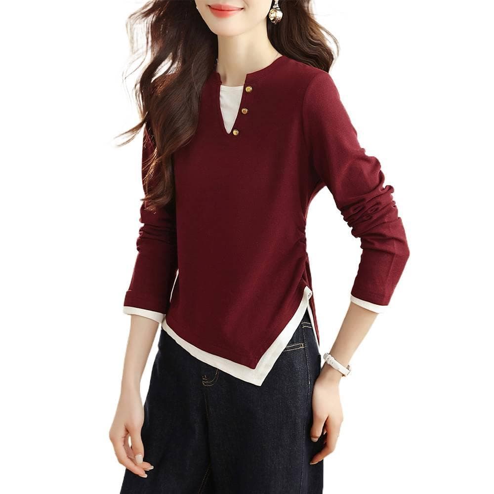 Camiseta de Manga Longa com Design Irregular para Mulheres, Novo Estilo de Primavera, Camisa Base Estilo Ocidental Elega