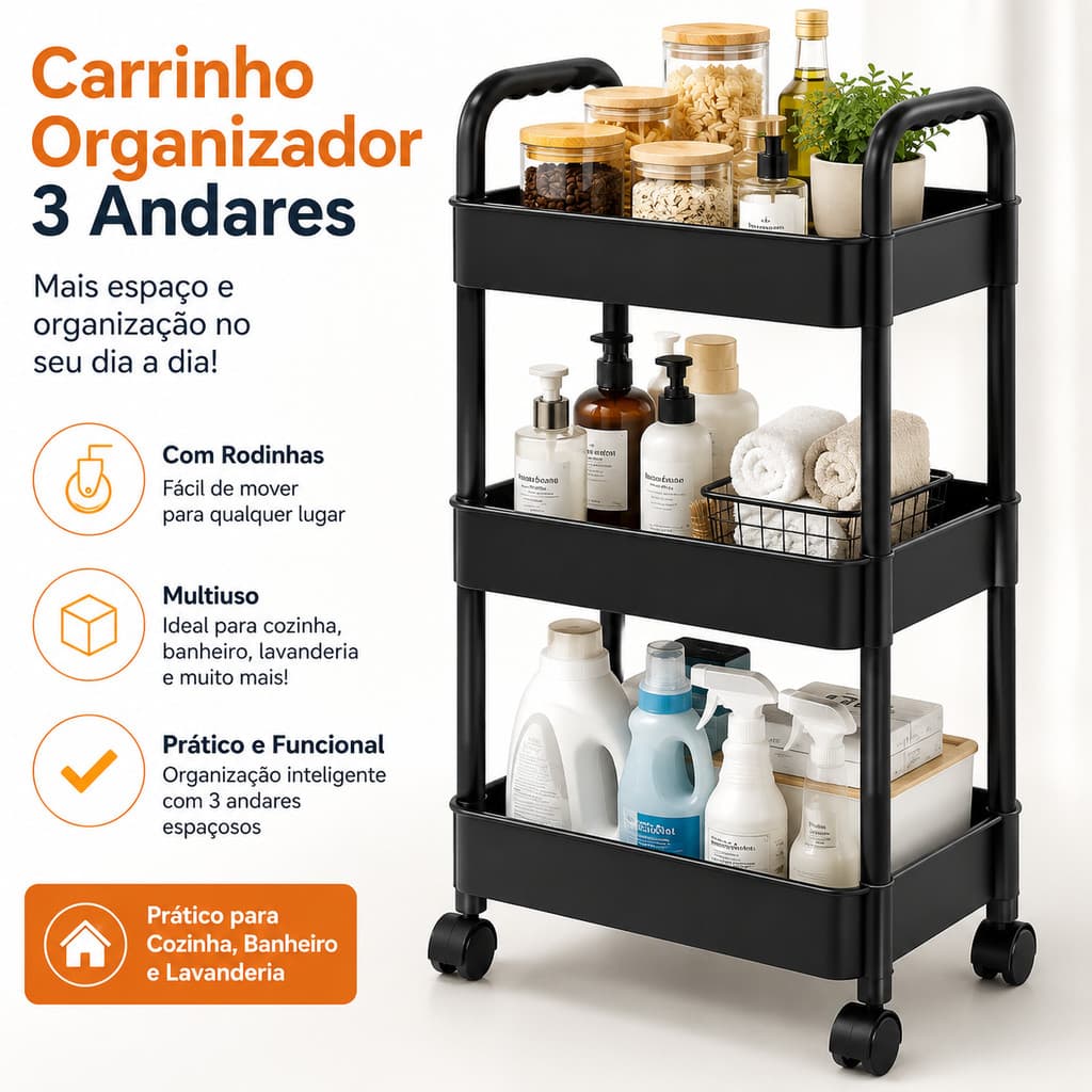 Estante de armazenamento de três níveis, grande capacidade, com rodas para facilitar o deslocamento.