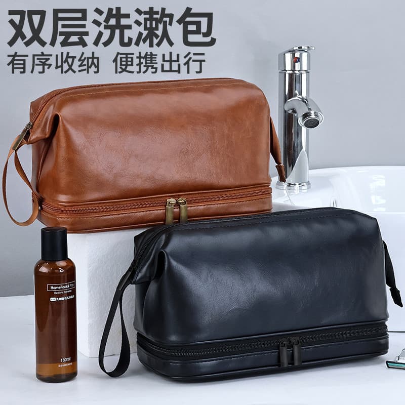 Bolsa de higiene pessoal de camada dupla masculina PU grande capacidade portátil bolsa de armazenamento viagem maquiagem
