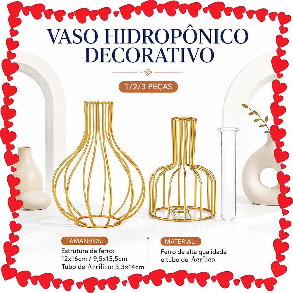 Kit Vaso Decorativo 1/2/3 Peças em Ferro Dourado com Tubo Transparente para Sala, Café, Quarto e Escritório