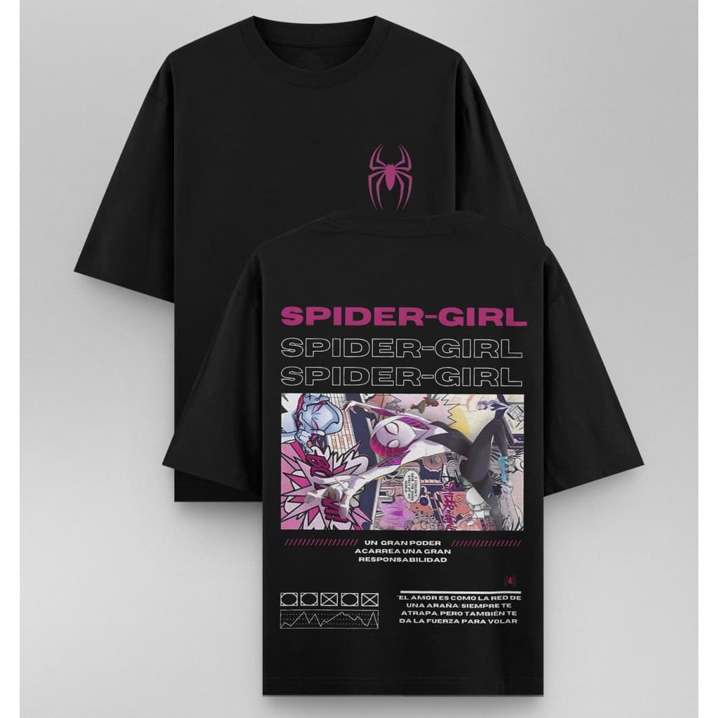 Camiseta Spider-Gwen Montagem de Quadrinhos Símbolo Rosa na Frente Oversized Unissex Algodão Premium