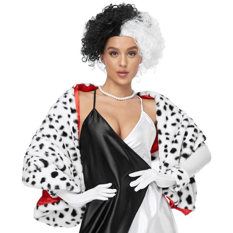 Capa de Bruxa Preta e Branca com Xale Estampado de Leopardo e Cachorro Manchado Cruella ACMZ