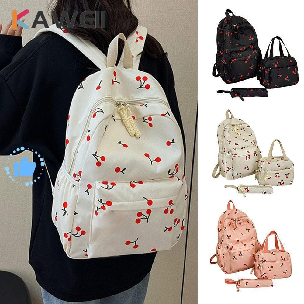Conjunto de mochila KAWEII de 3 peças com estampa de cerejas, mochila escolar em tecido estilo universitário, bolsa para