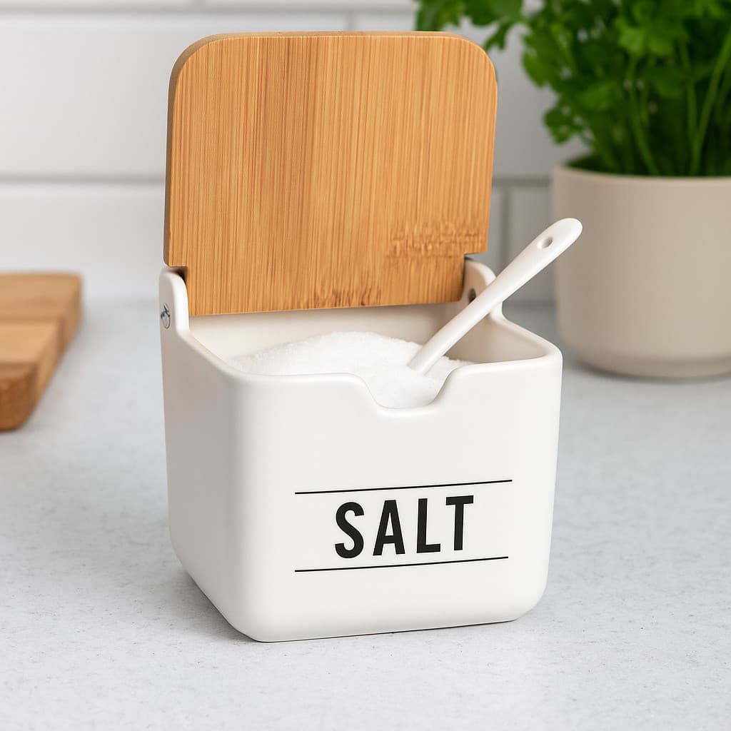Saleiro de Porcelana Branco com Tampa de Bambu Porta Temperos Condimentos Cozinha Sal Decorativo