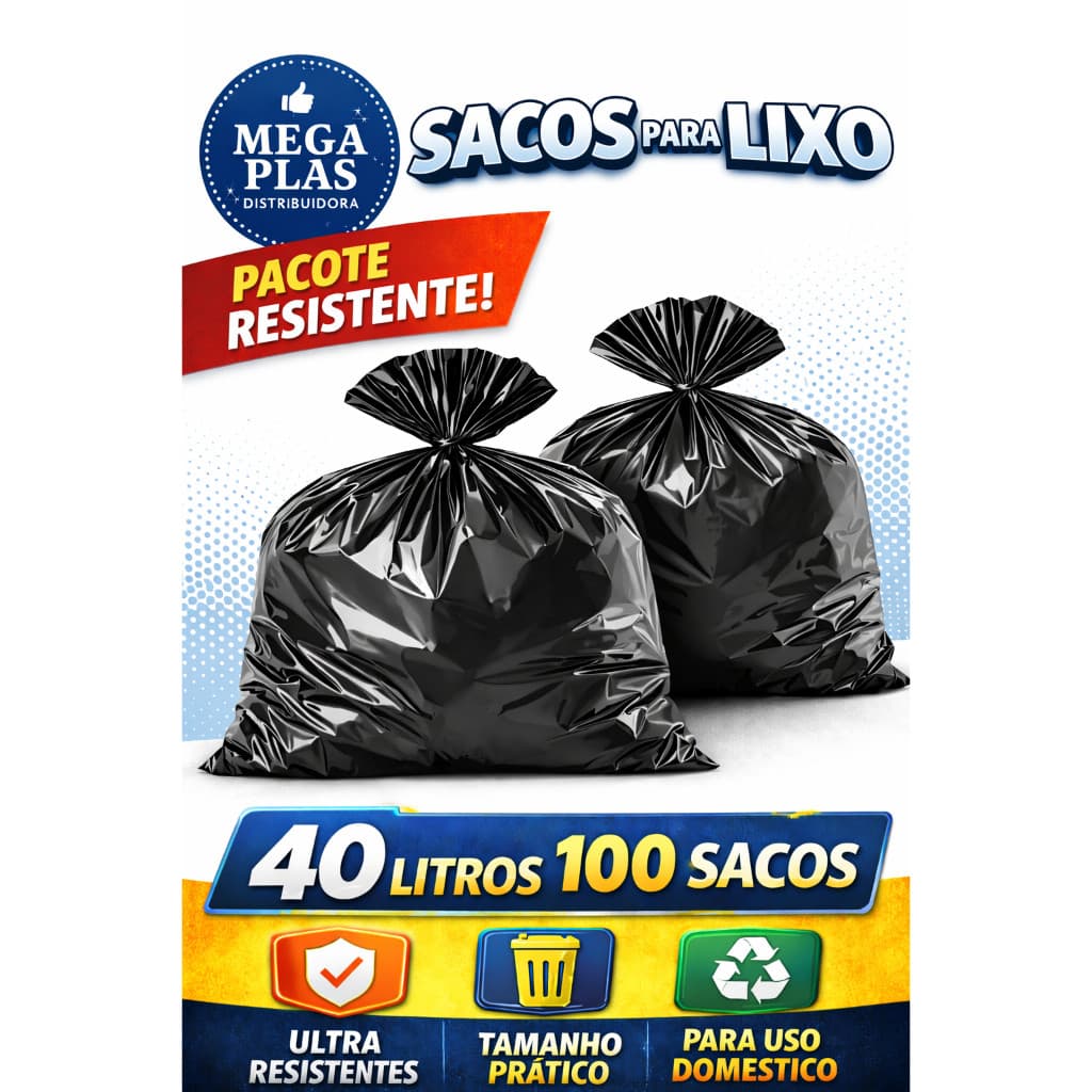 Saco de Lixo Preto 40 Litros Reforçado Premium Pacote com 100 Unidades