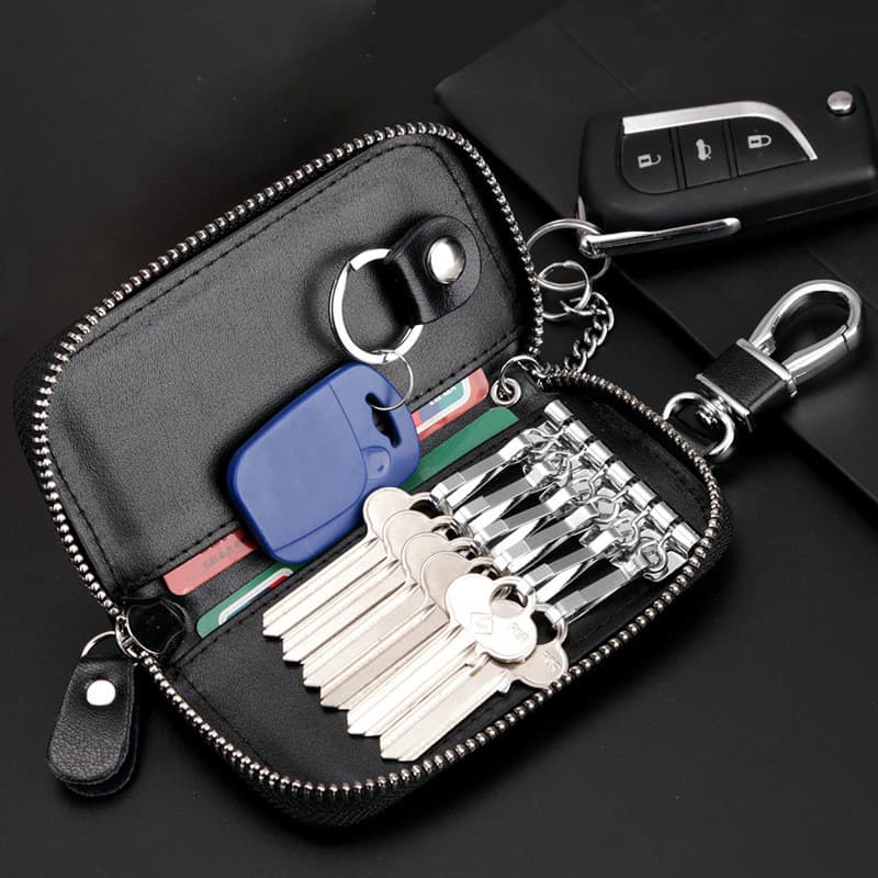 [Estoque pronto] Estojo leve de luxo para chave masculino de duas camadas com zíper multifuncional para chave de carro E