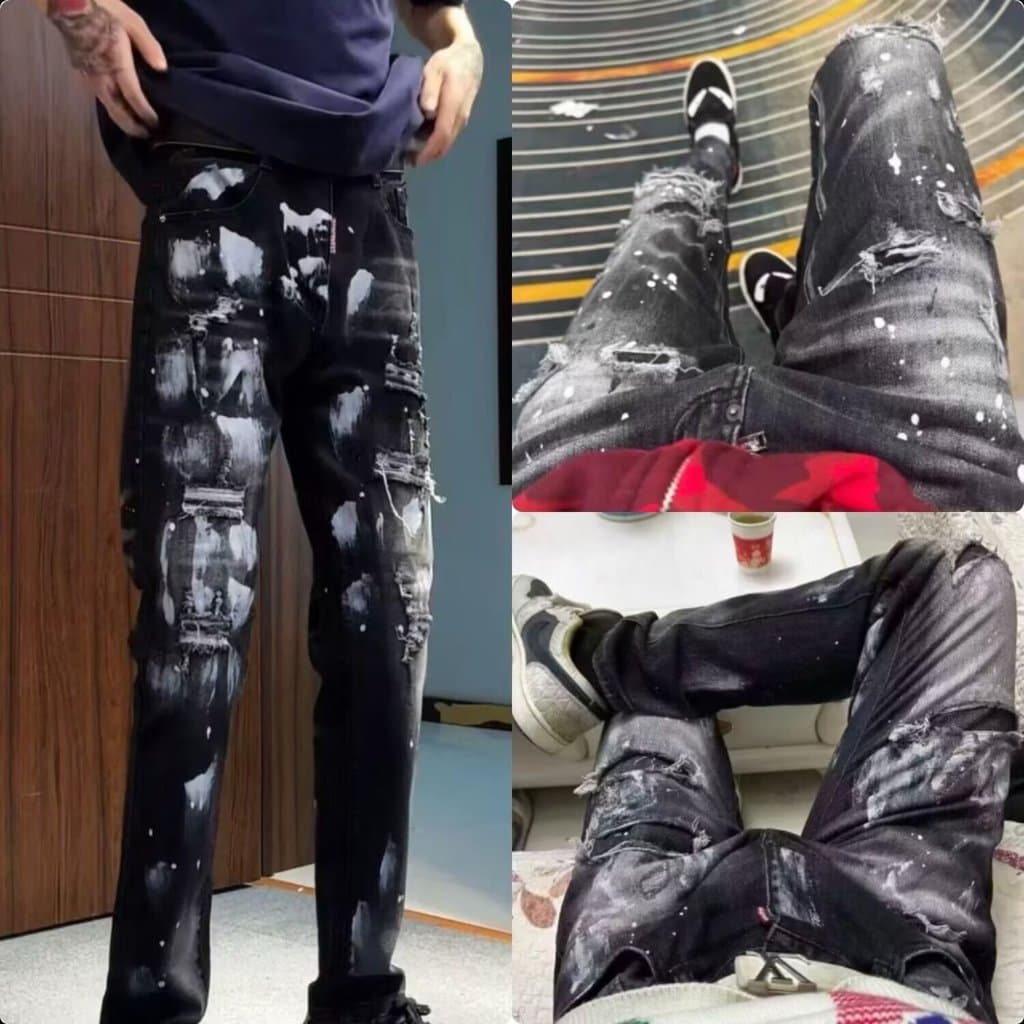 Americano luz de luxo Jeans estilo masculino 2025 novo estilo rasgado Design street Wear High street Casual calças compr