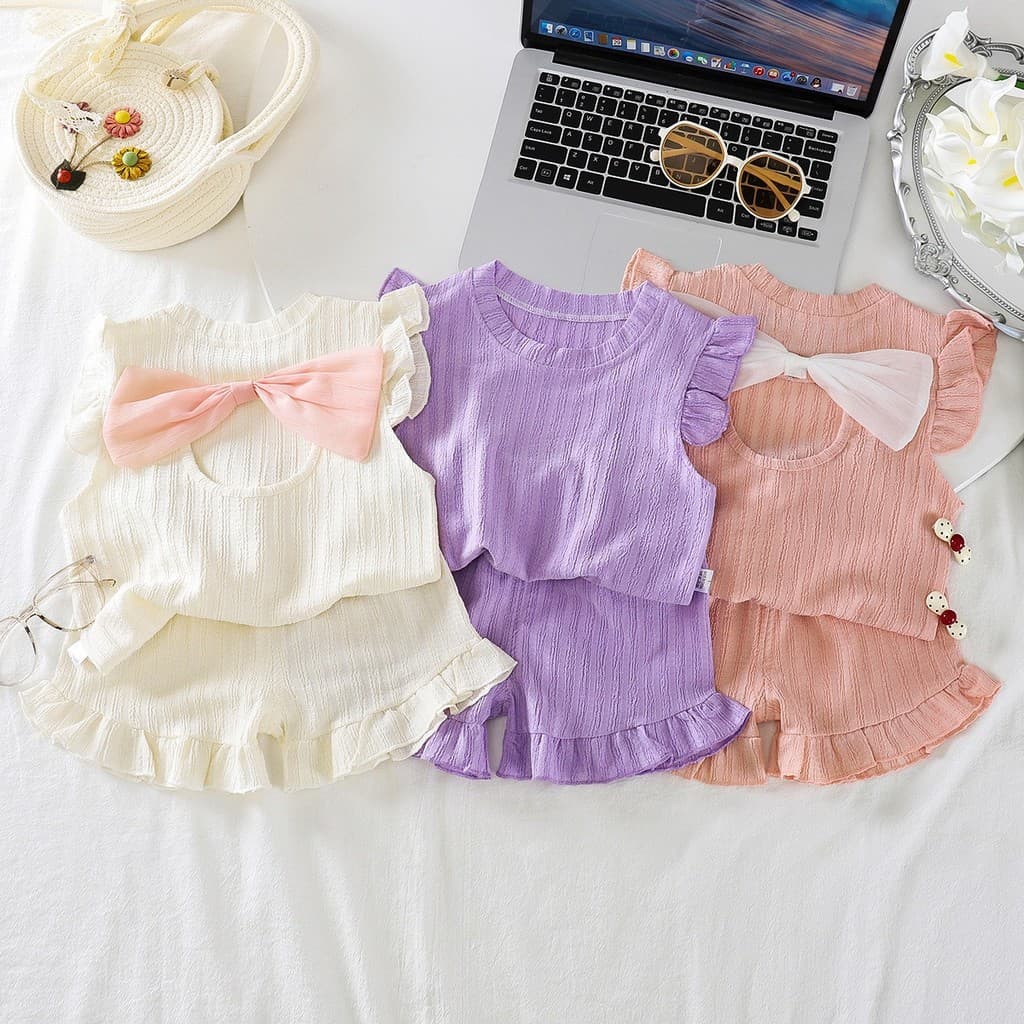 Conjunto de duas peças para meninas de 0 a 10 anos, verão, laço, manga voadora pequena, babados