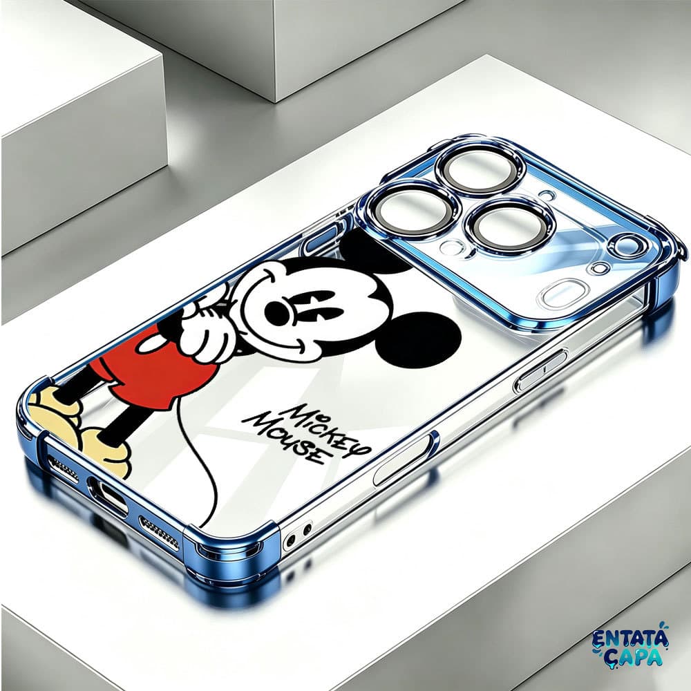 Capinha Capa Borda Cromada 4 Cantos Anti Queda LClássico Mickey para iPhone 17 Pro Max 13 14 11 12 16 15 Plus Air
