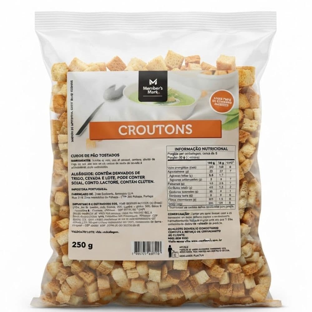 Croutons Member's Mark 250g Cubos de Pão Tostado Baixo Teor de Gordura para Saladas e Sopas