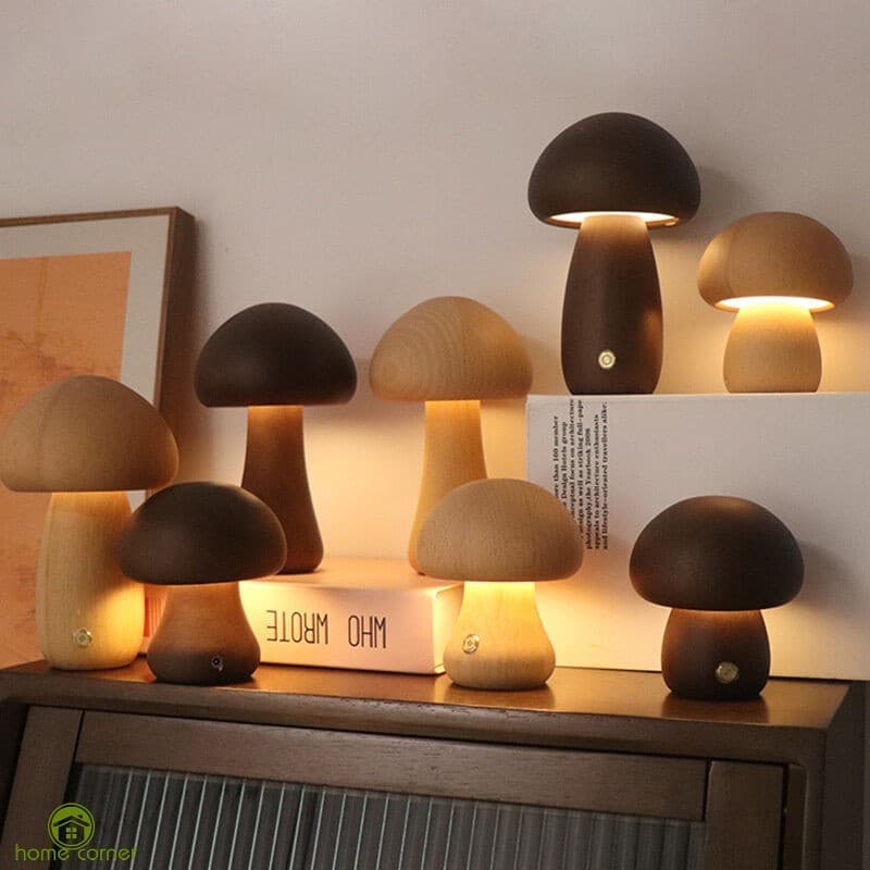 Luz Noturna De Madeira De Cogumelo-Candeeiro De Mesa De Carregamento USB Para Iluminação Quente Do Quarto