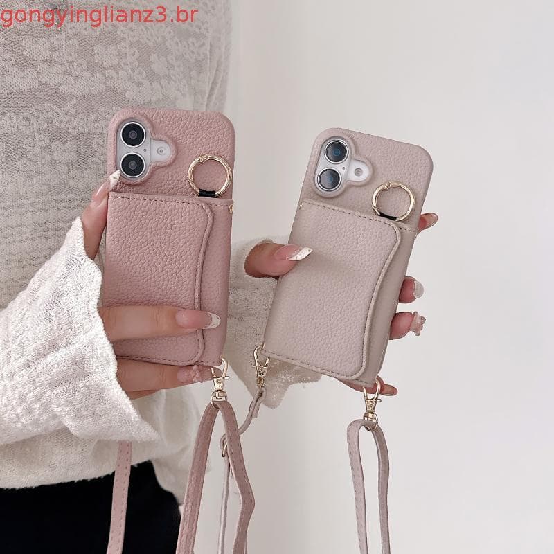 Capa De Telefone Para IPhone 16E 16 15 14 Pro 13 12 Mini 11 ProMax Anel Crossbody Carteira Titular Do Cartão Slot Couro