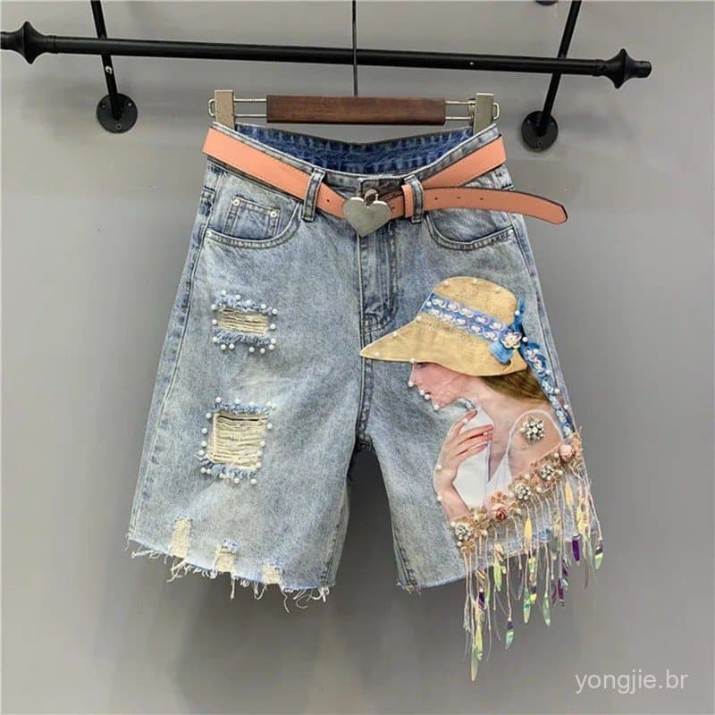 Shorts de Denim Femininos com Franjas, Lantejoulas, Miçangas e Efeitos Desgastados, Estilo Y2K, Calças Retas de Verão