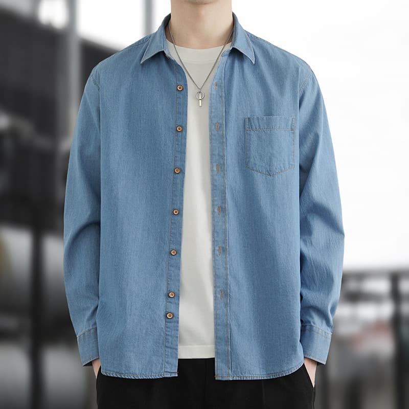 Primavera outono novo estilo masculino puro algodão Denim camisa de manga comprida solta topo juventude Casual engrossad