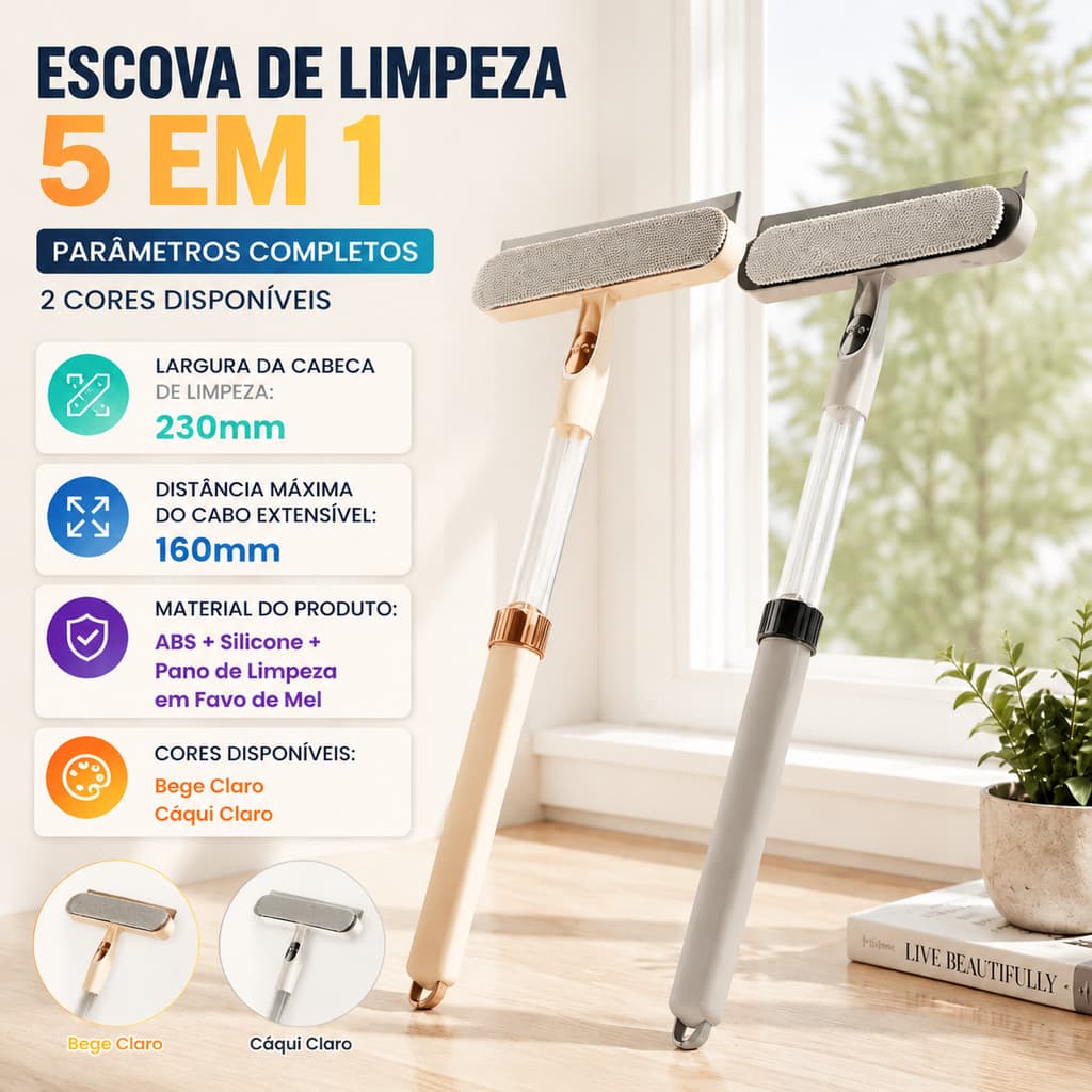 Rodo de Silicone para Limpeza de Espelhos e Vidros Limpador 5 em 1 Telescópico para Piso Banheiro Janelas e Casa