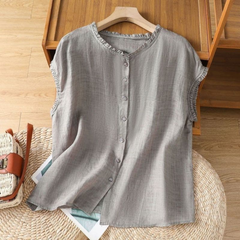 Algodão linho fungo borda sem mangas camisa feminina verão solto Casual topo