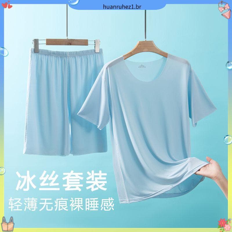 Terno de seda gelo masculino verão pijamas calças de pijama cor sólida Casual fino legal em torno do pescoço camiseta Sh