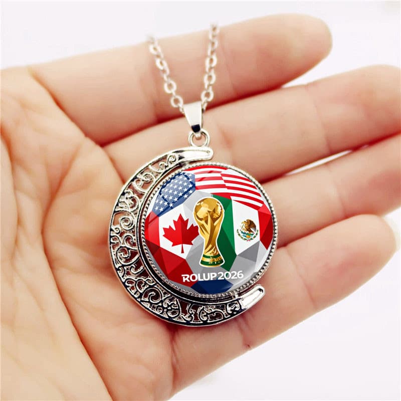 Novo Colar de Pingente Dupla Face de Vidro com Pedras Preciosas, Padrão Copa do Mundo de Futebol, Mais Vendido, Joia de