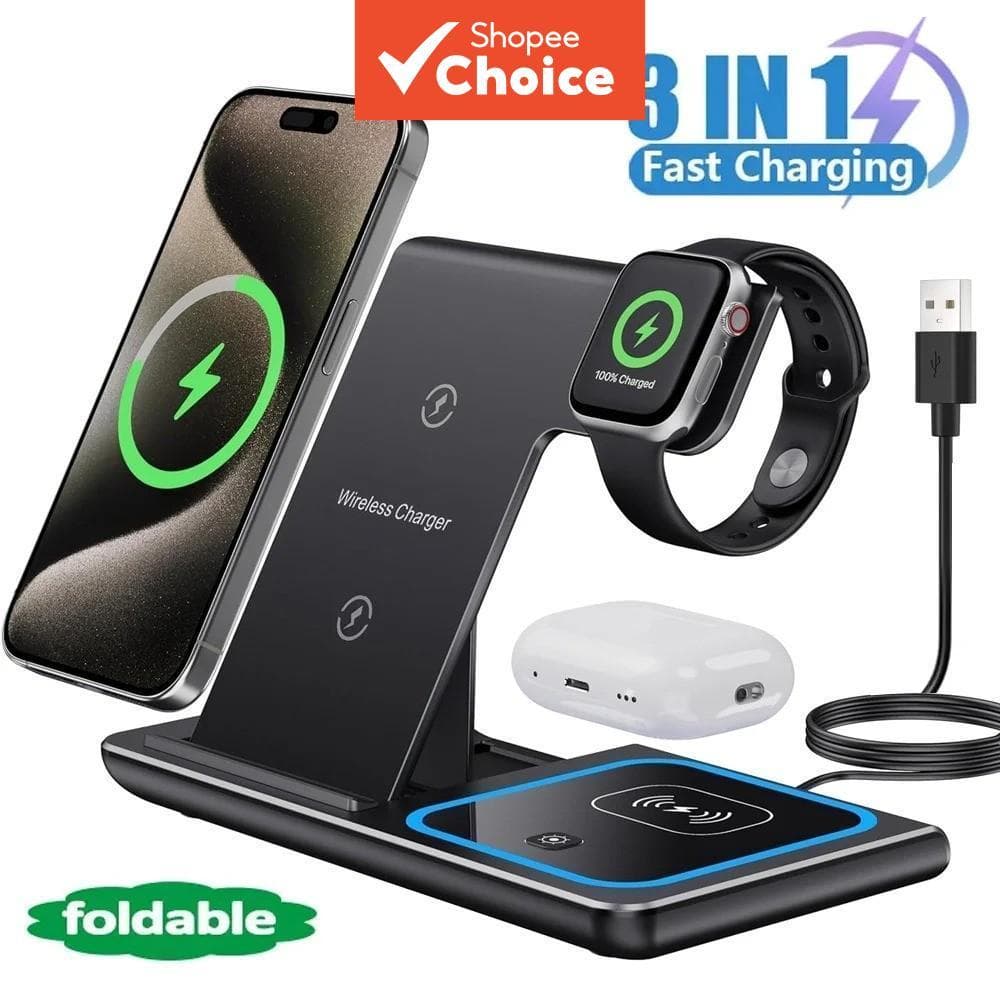 Estação De Carregamento Dobrável Com Suporte Para Carregador Rápido Sem Fio LED 3 Em 1 iPhone Apple Watch
