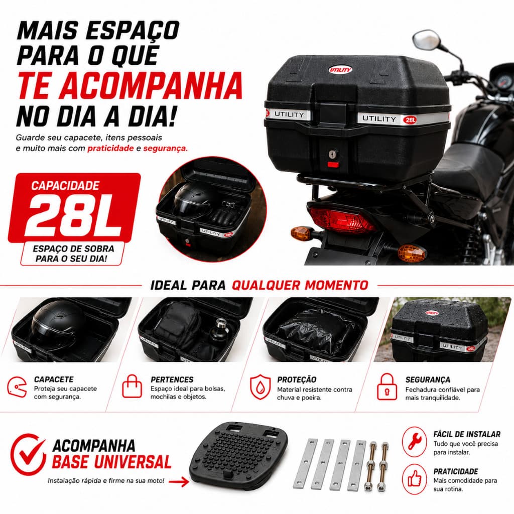 Baú Traseiro Moto 28L Para Entrega Delivery Motoboy Com Base Serve Qualquer Moto